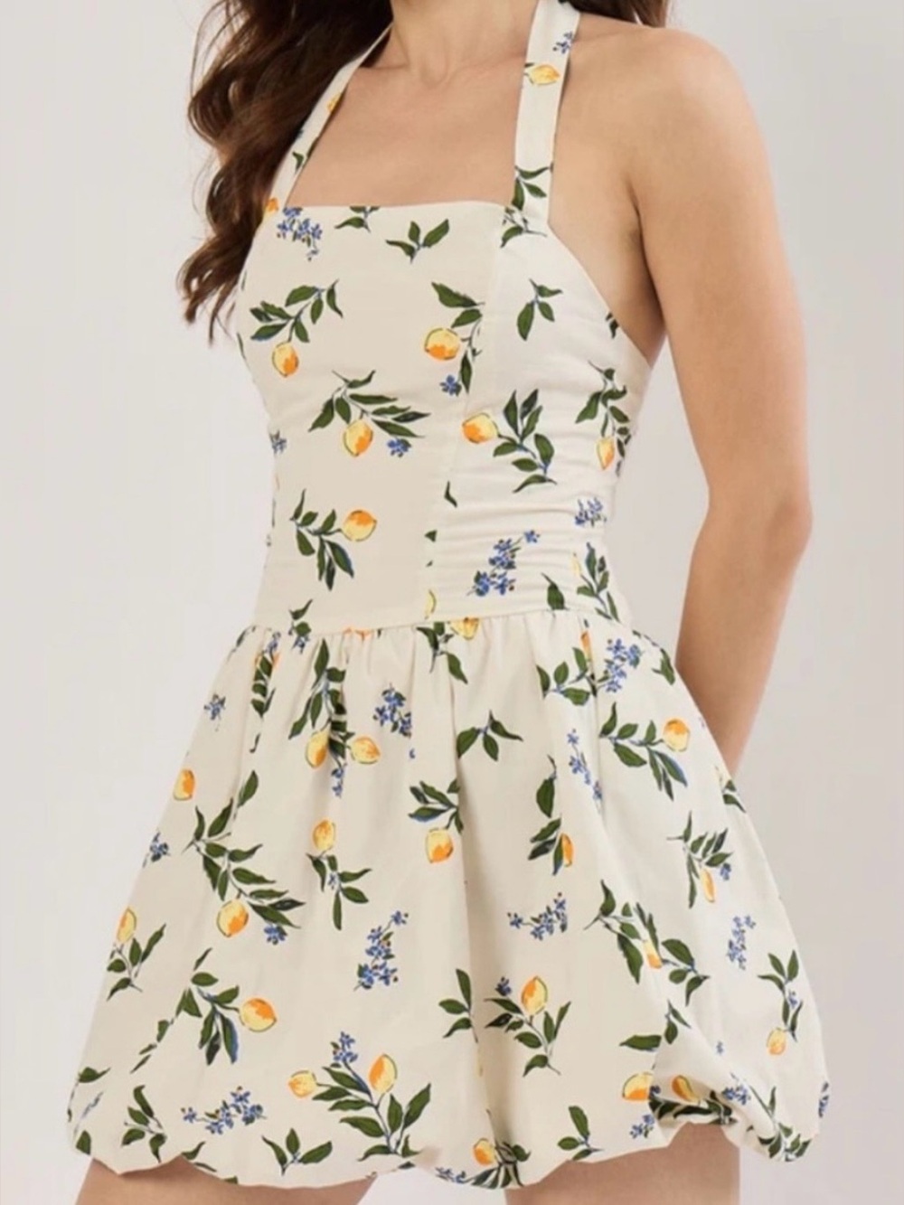 Cream Halter Mini Dress with Lemon Floral Print